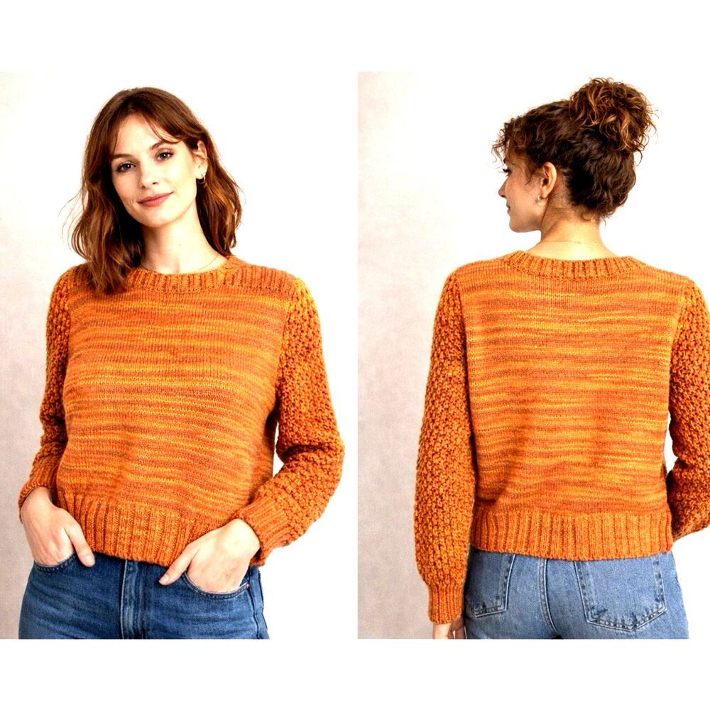 Handmade Knit Sweater Burnt Orange Textured Sleeve Chunky Artisan Cottagecore
